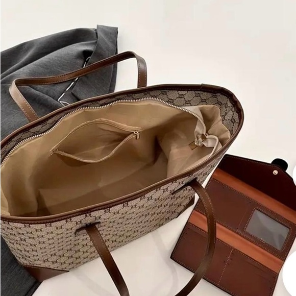 NWT Elegant Brown and Gray Coated Canvas Tote Bag & Wallet With Dustbags - Picture 5 of 6